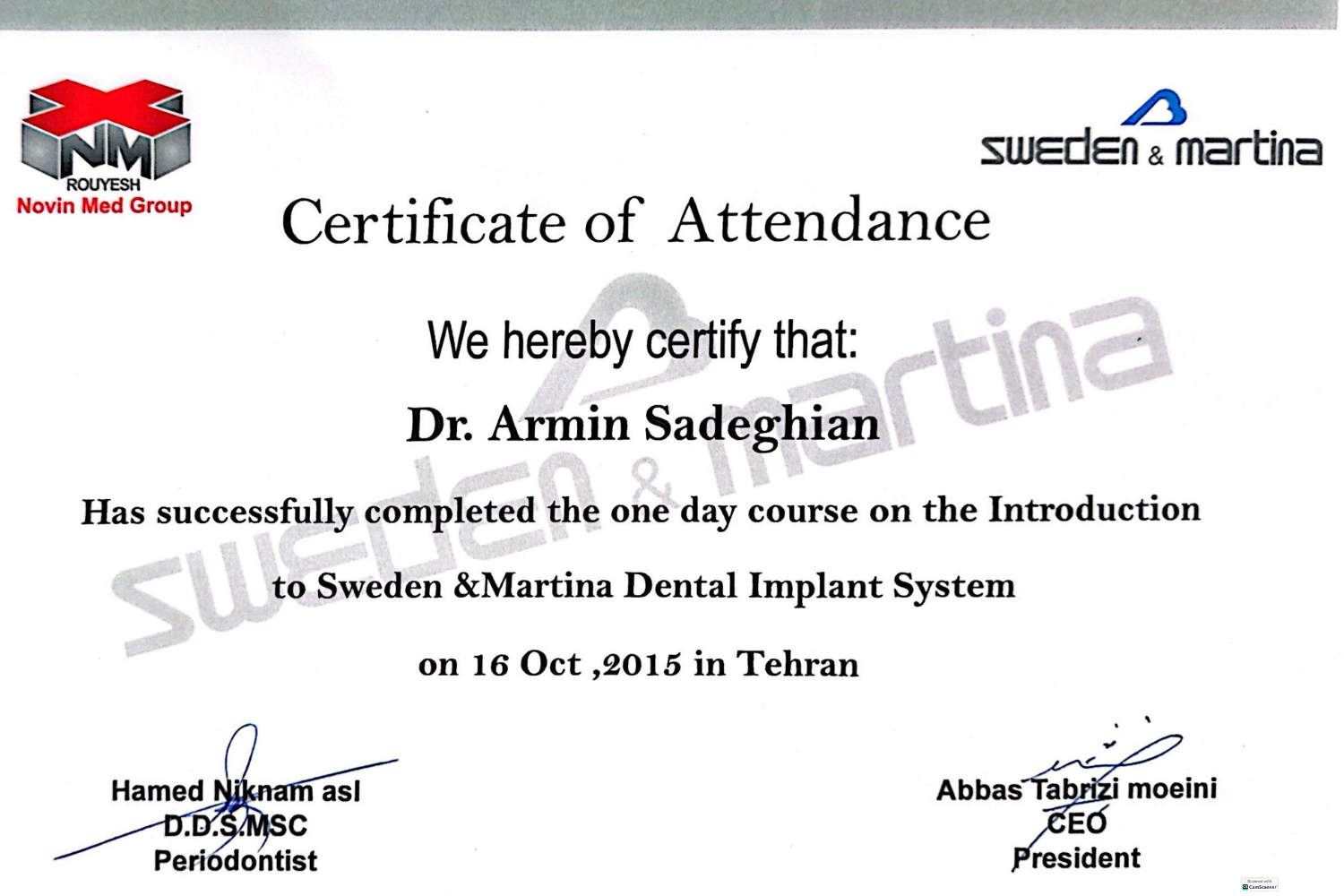 تقدیرنامه خدمات دندانپزشکی تخصصی تهران امیر آباد